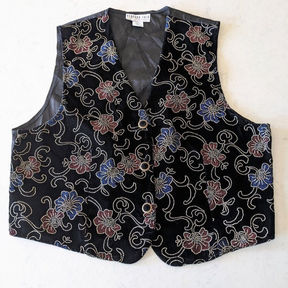 Vintage Black Floral Velvet Vest XL Whimsigoth 90s Grunge Goth V Neck Waistcoat